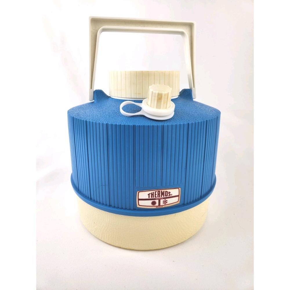 Vintage Thermos Blue White Picnic Jug Cooler 1 Gallon With Spigot & Handle USA